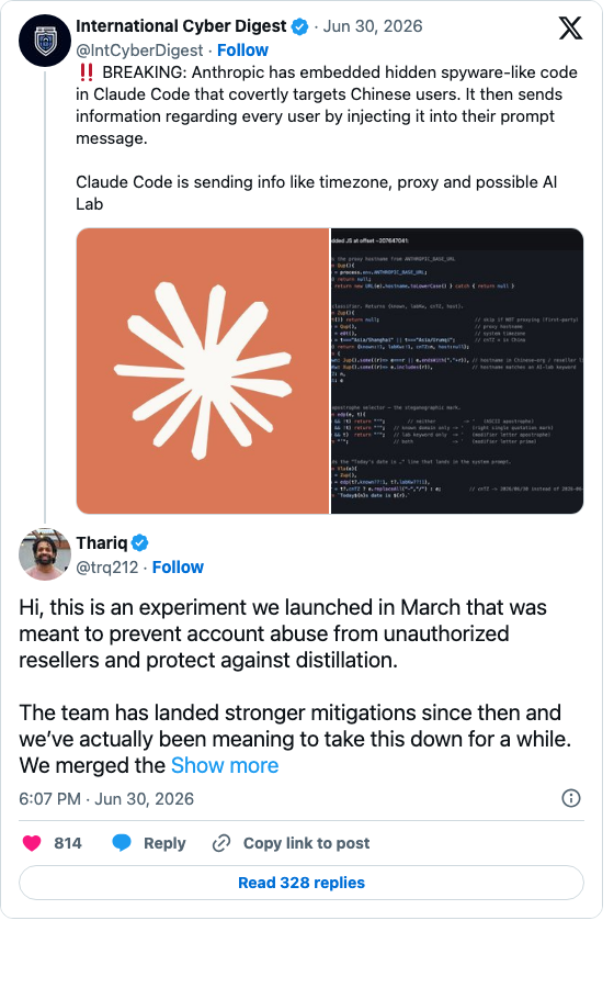 Tweet by International Cyber Digest reporting the hidden code in Claude Code, with the verified reply from Thariq of Anthropic confirming it was a March experiment against account abuse and distillation, being rolled back